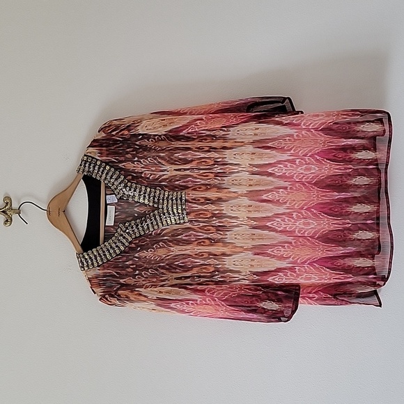 Chico's Sheer Ikat Print Tunic Blouse Sequin Beaded Neckline Size Large - Picture 1 of 9
